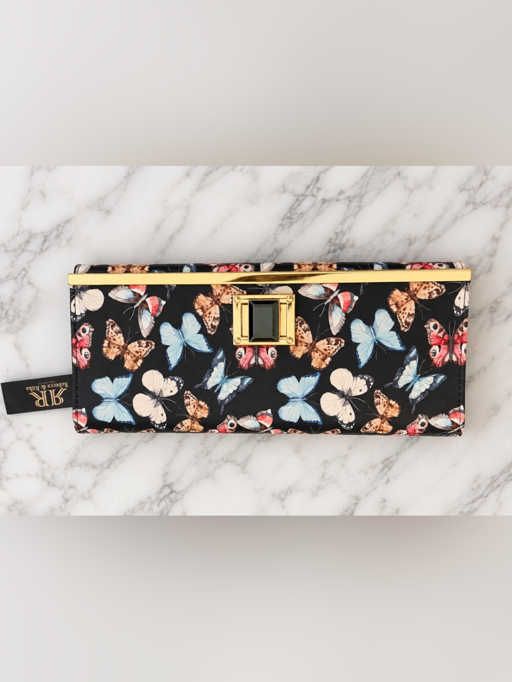 Rebecca & Rifka B1261S Black Butterfly Print Clutch Gold Chain NWT